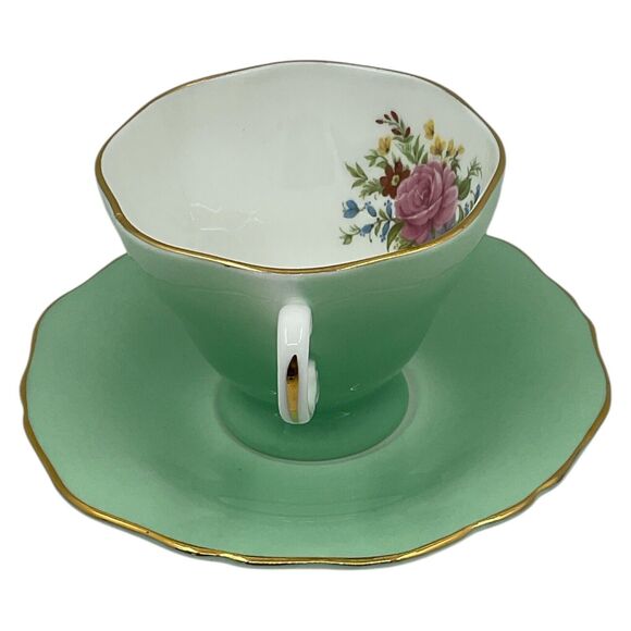 Mint Green Floral Crown Tea Cup and Saucer Staffordshire England Pink Roses - Picture 6 of 7